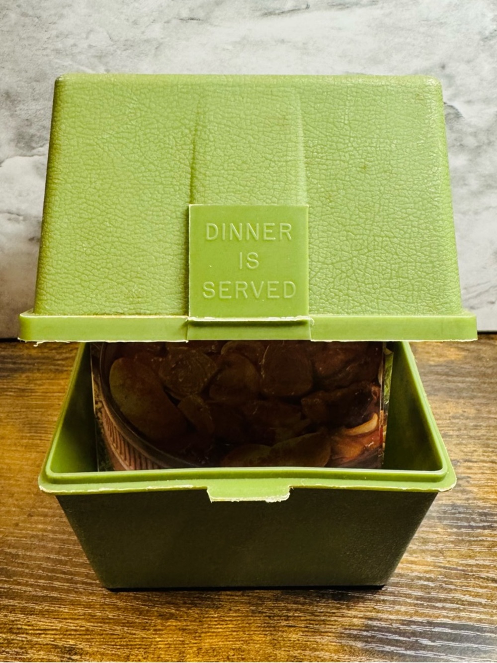 Vintage Dinner Is Served Recipe Card Box Set Green Plastic with Index Cards